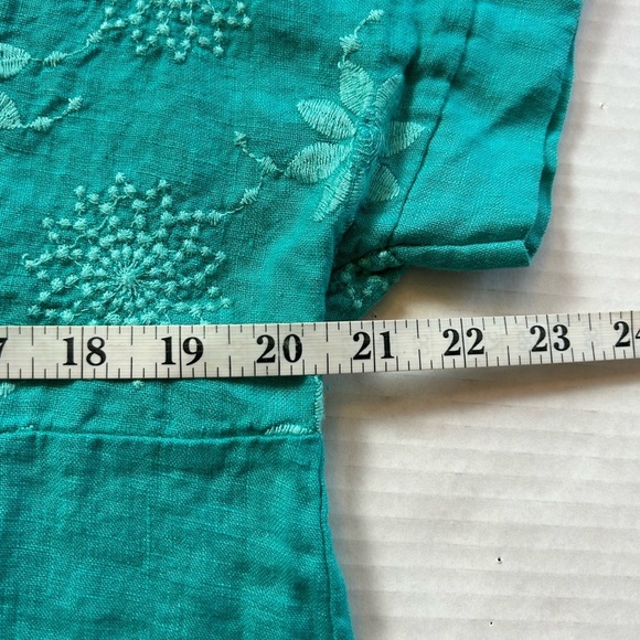 Terzo Millennio linen / floral embroidery mint turquoise blouse LARGE Italy - Picture 8 of 9